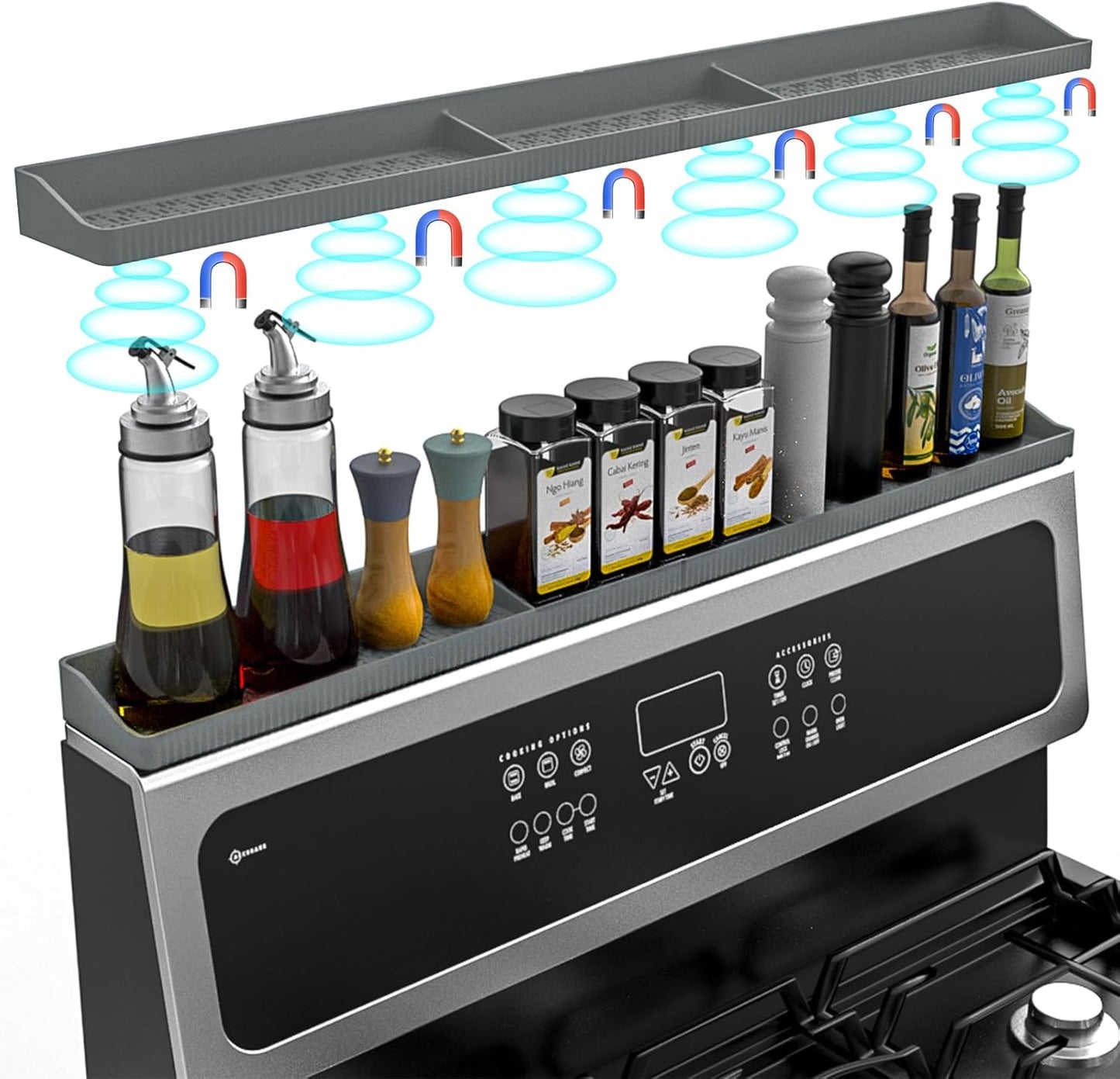 Foeacry 30 Inch Magnetic Stove Top Shelf - Heat Resistant Silicone over the Stove Shelf Spice Rack, No Drill Easy Clean Kitchen Storage Organizer for Small Kitchen, Fits Gas & Electric Stoves