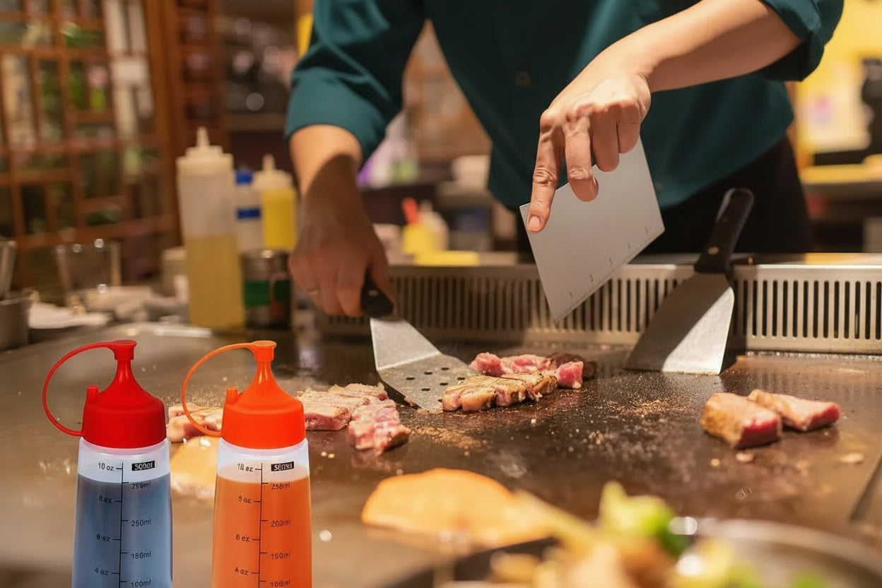 Person preparing food with kitchen tools on a counter, including squeeze bottles and a spatula.