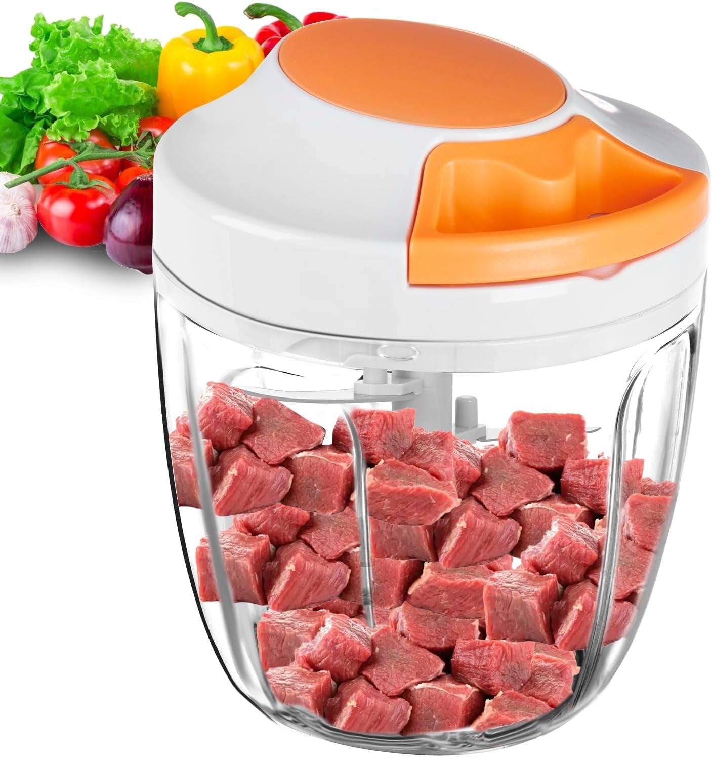 Pull-string manual food chopper, both bowl sizes side by side