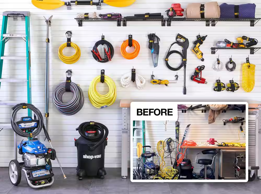 Organized garage wall with tools and equipment, before and after comparison shown.