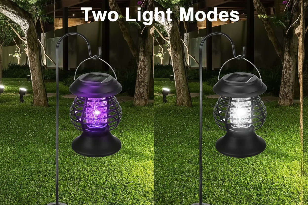 Solar-powered outdoor light with purple and white modes on a grassy area.
