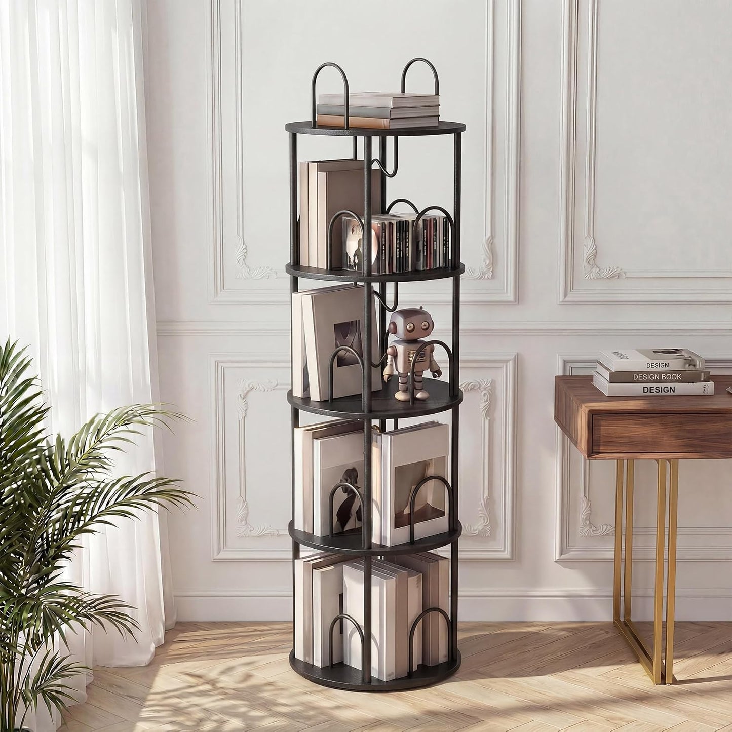 5 Tier Rotating Bookshelf, 360° Spinning Bookshelf Tower, Narrow Corner Book Shelf, Revolving Bookcase Corner Tall Book Shelf for Small Spaces, Bedroom, Living Room, Gold