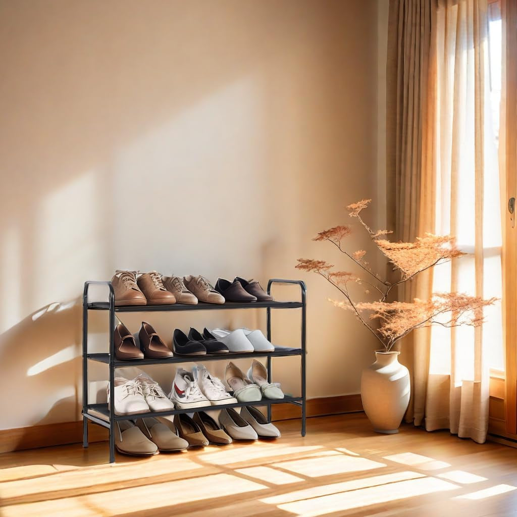 MAX Houser 3-Tier Metal Shoe Rack - Stylish and Sturdy Storage for 9-12 Pairs, Easy Assembly for Entryway or Bedroom - Sleek Black Design