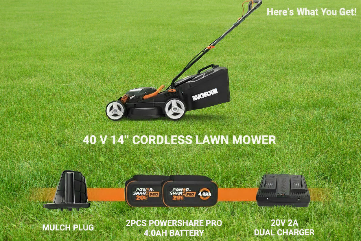 40V 14-inch cordless lawn mower with included accessories on a white background