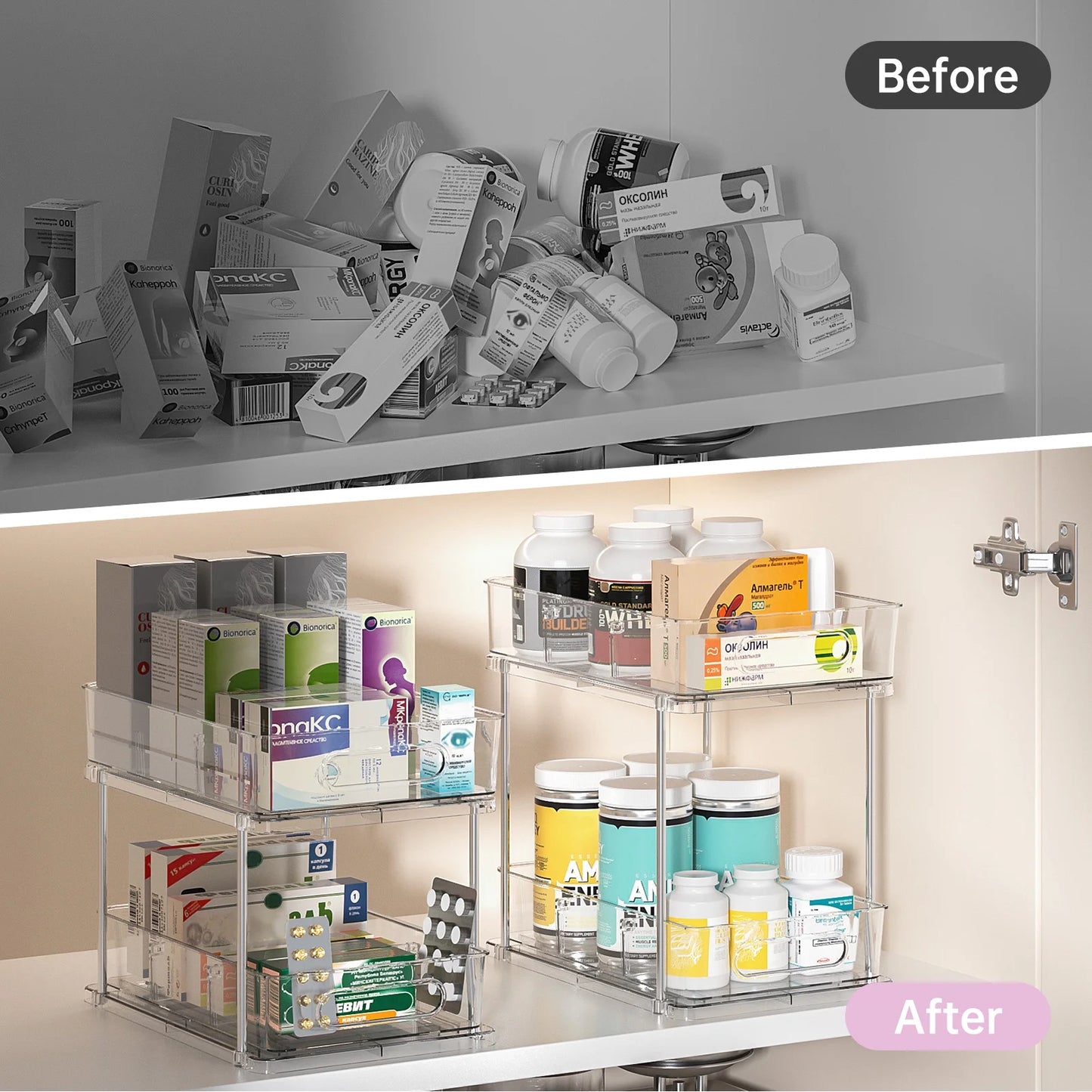 2 Tier Bathroom Storage Organizer, Delamu 2 Pack Clear under Sink Organizers Vanity Countertop Storage, Sliding Cabinet Organizer, Pull-Out Organization for Pantry, Kitchen
