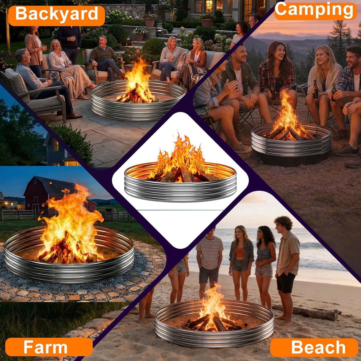 Fire Pit Ring for outside Wood Burning, 60In Outdoor Fire Pit, Heavy Duty Steel Burn Pit for Backyard, Camping, Bonfire, Modern Style Large Metal Fire Pit Ring