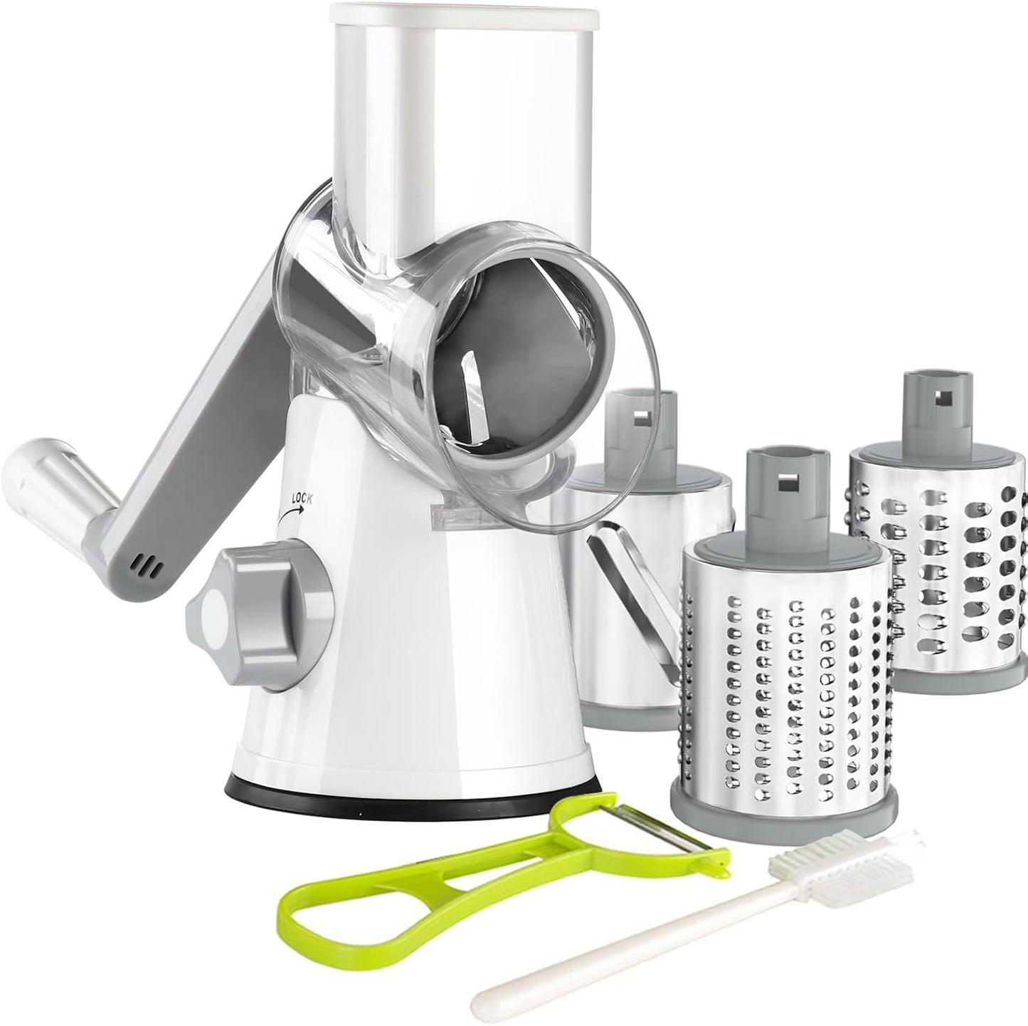 Ourokhome Rotary Cheese Grater Hand Crank, Kitchen Shredder Speed Mandolin Slicer Nut Grinder with Handle and Drum Blades for Cheese, Vegetable, Walnut, Chocolate, Potato, Carrot, 3 Blades, Green