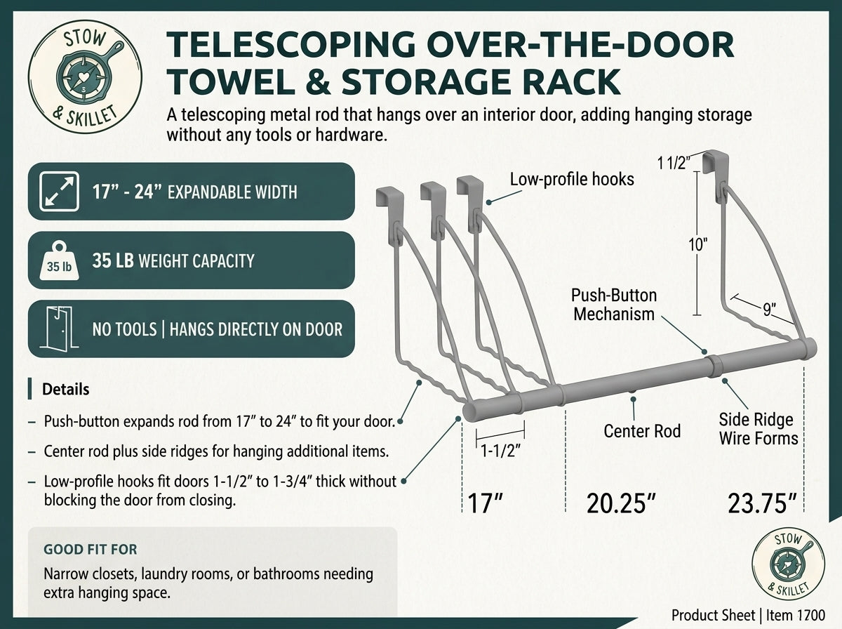 Product information sheet for a Stow & Skills telescoping over-the-door towel and storage rack, showing a metal rack diagram with labeled dimensions, features, and fit details on a white background with dark teal accents.
