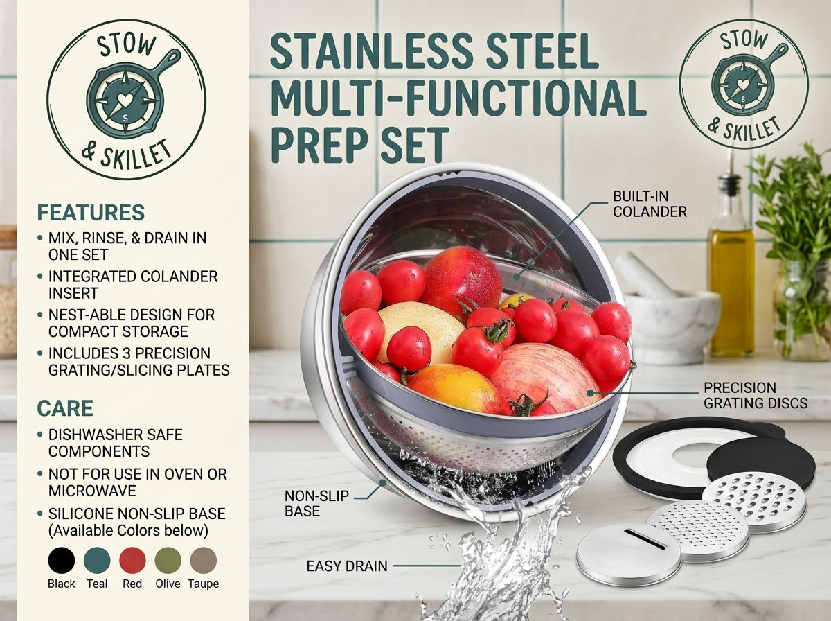 Stainless steel multi-functional prep set, featuring a colander with fruit inside, shown with accessories and text detailing features, care instructions, and color options on a kitchen-themed background.