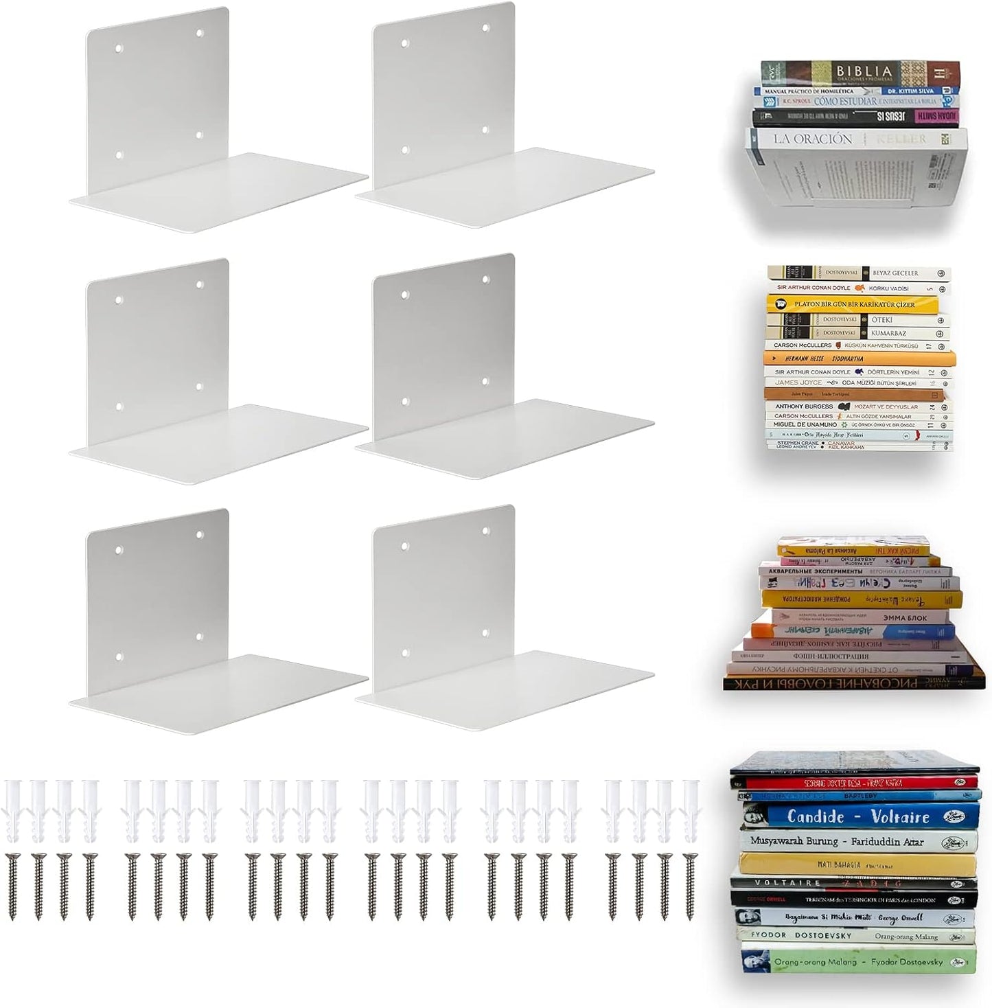 Invisible floating iron bookshelf, set of multiple shelves on a wall