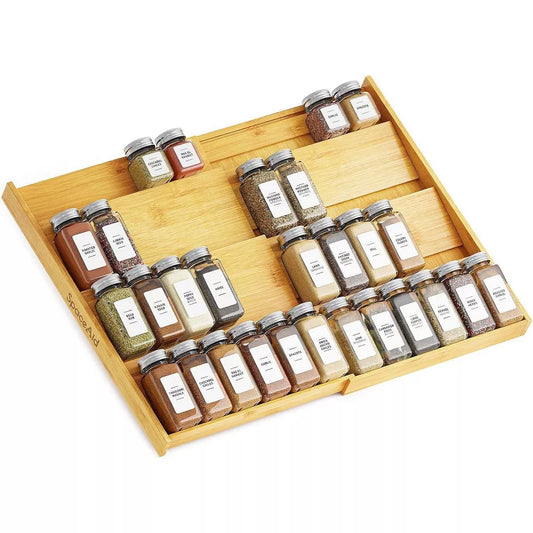 Bamboo Spice Drawer Organizer, Expandable 4 Tier Spices Rack for Cabinet Drawer,(Jars Not Included, from 12" to 23" Wide)