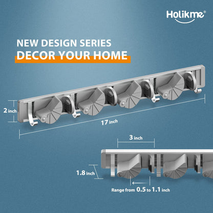 Holikme Wall Mount Mop and Broom Holder - 4 Hook Metal Organizer for Kitchen and Garden Storage, Silver