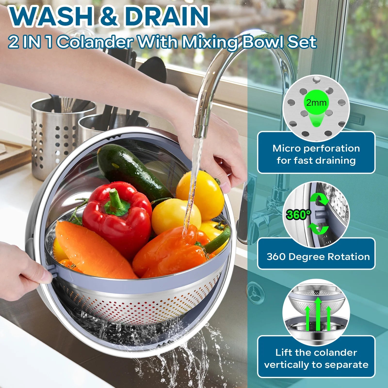 Vesteel Mixing Bowls with Lids Set of 7, Stainless Steel Nesting Bowls with Colander and 3 Graters for Draining Prepping Slicing, Nonslip Bottoms & Airtight Lid, Size 4.6, 2.6, 1.5 Qt, Blue