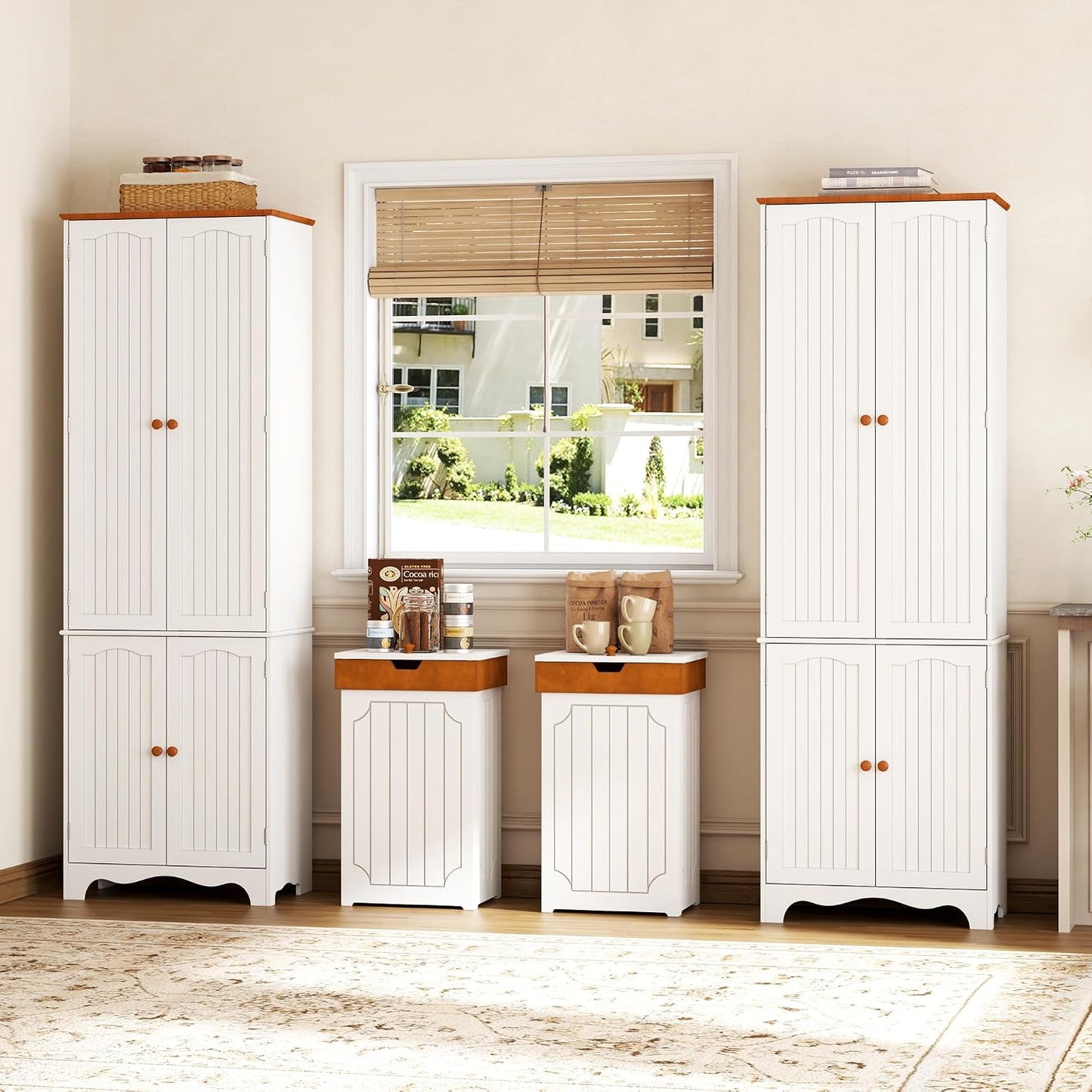 Farmhouse trash can cabinet shown in a bathroom setting