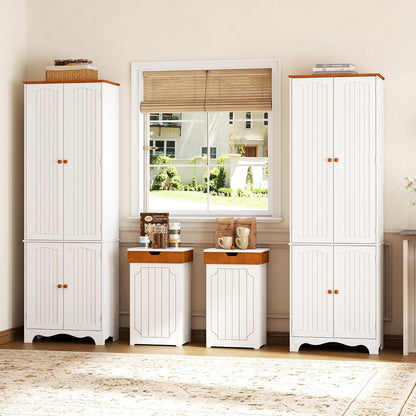 Farmhouse trash can cabinet shown in a bathroom setting