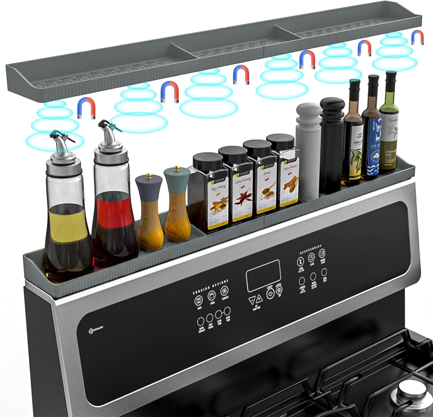 Foeacry 30 Inch Magnetic Stove Top Shelf - Heat Resistant Silicone over the Stove Shelf Spice Rack, No Drill Easy Clean Kitchen Storage Organizer for Small Kitchen, Fits Gas & Electric Stoves