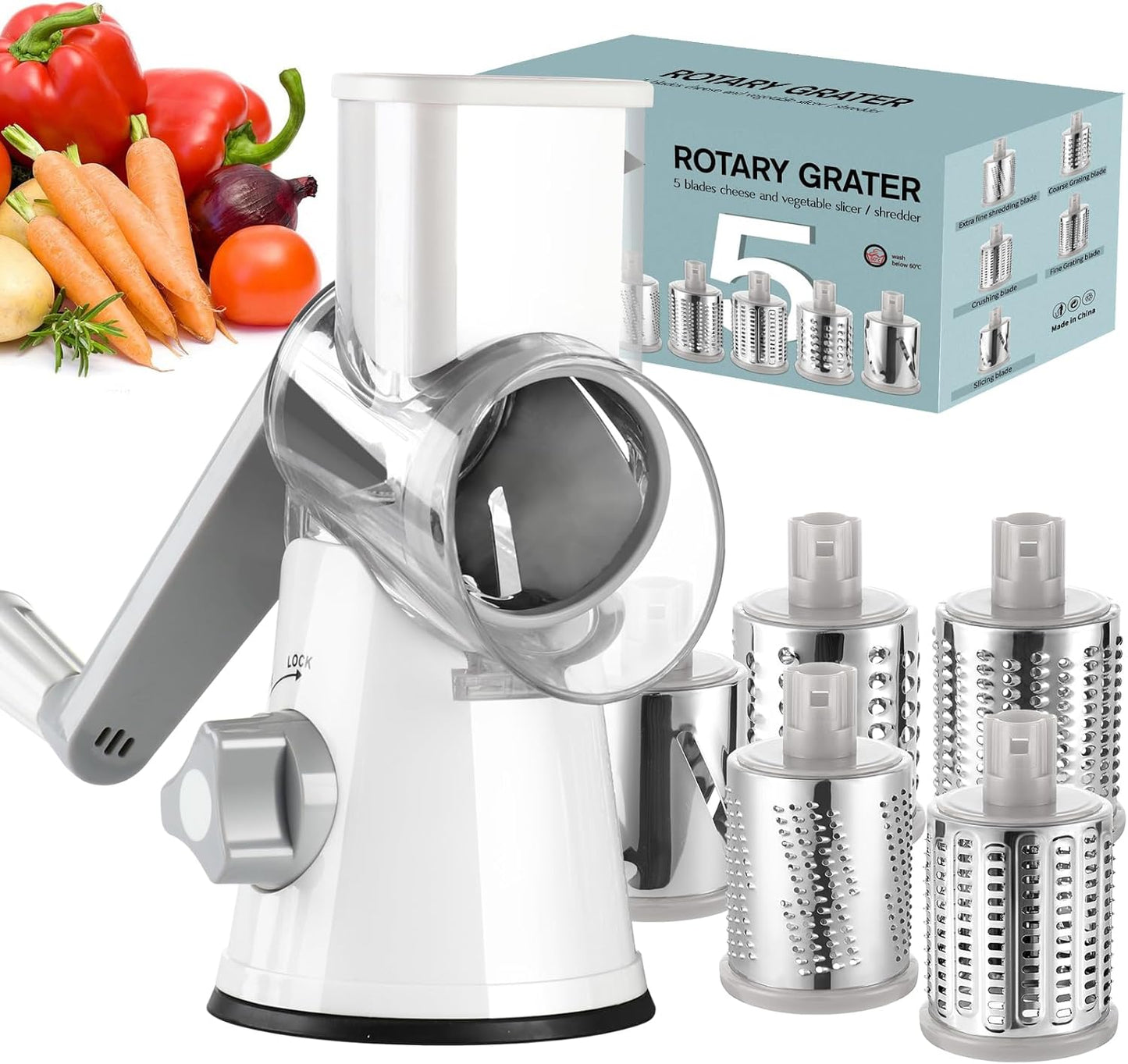 Ourokhome Rotary Cheese Grater Hand Crank, Kitchen Shredder Speed Mandolin Slicer Nut Grinder with Handle and Drum Blades for Cheese, Vegetable, Walnut, Chocolate, Potato, Carrot, 3 Blades, Green
