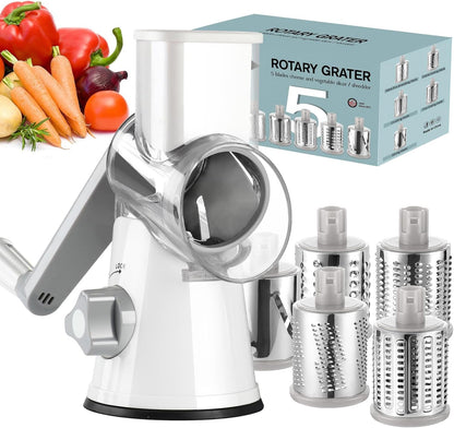 Ourokhome Rotary Cheese Grater Hand Crank, Kitchen Shredder Speed Mandolin Slicer Nut Grinder with Handle and Drum Blades for Cheese, Vegetable, Walnut, Chocolate, Potato, Carrot, 3 Blades, Green