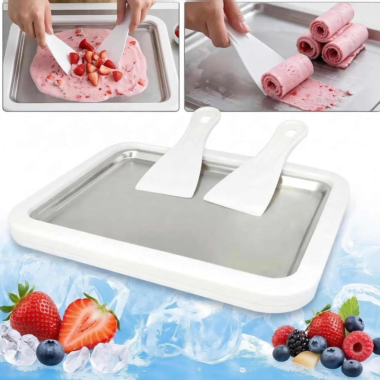 At-Home Rolled Ice Cream Maker - Magic Instant Freeze Pan for DIY Soft Serve & Frozen Yogurt. Easy-To-Use Ice Cream Rolling Tray with Spatulas. Ideal Summer Gift & Kitchen Activity for Kids (White)