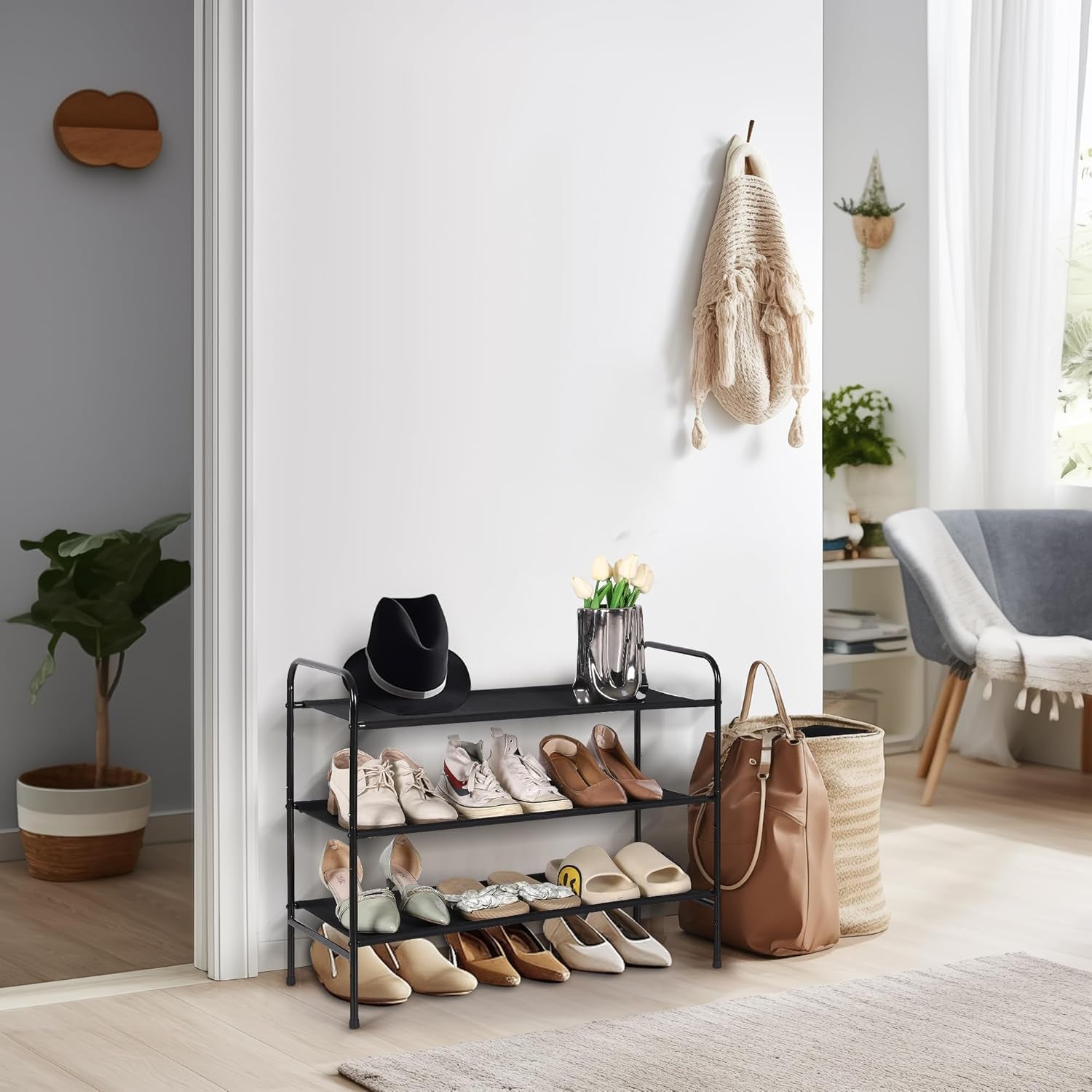 MAX Houser 3-Tier Metal Shoe Rack - Stylish and Sturdy Storage for 9-12 Pairs, Easy Assembly for Entryway or Bedroom - Sleek Black Design