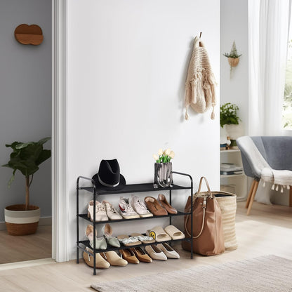 MAX Houser 3-Tier Metal Shoe Rack - Stylish and Sturdy Storage for 9-12 Pairs, Easy Assembly for Entryway or Bedroom - Sleek Black Design
