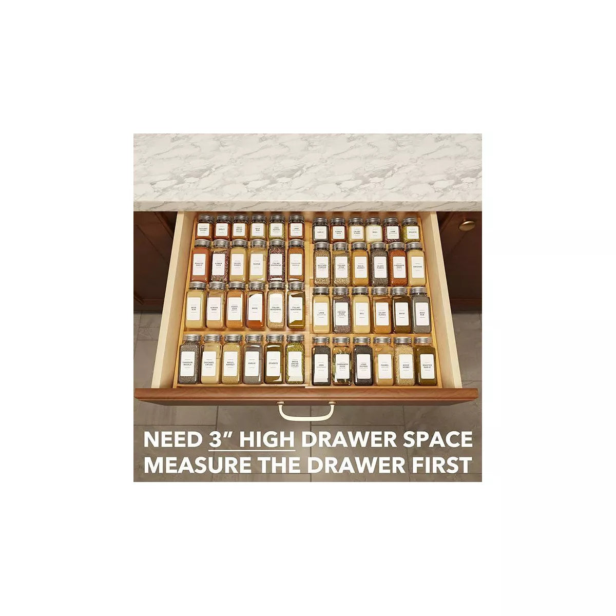 Bamboo Spice Drawer Organizer, Expandable 4 Tier Spices Rack for Cabinet Drawer,(Jars Not Included, from 12" to 23" Wide)
