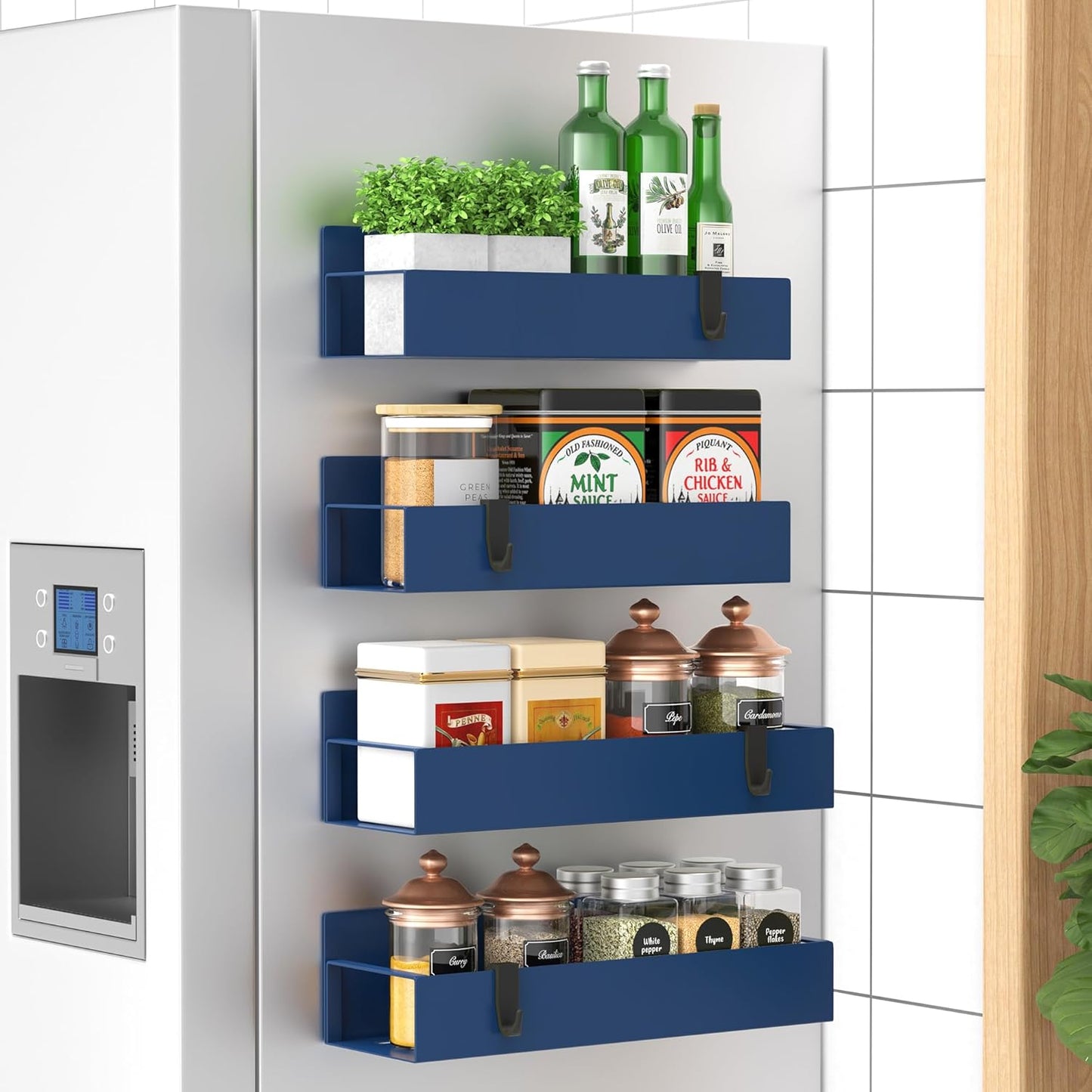 Huggiegems Metal 4 Pack Magnetic Spice Storage Rack Organizer for Refrigerator and Oven, Black Fridge Organizers and Storage, Metal