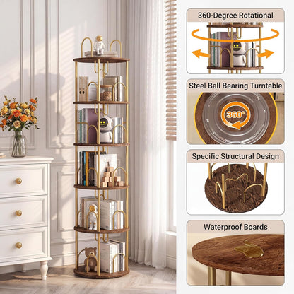 5 Tier Rotating Bookshelf, 360° Spinning Bookshelf Tower, Narrow Corner Book Shelf, Revolving Bookcase Corner Tall Book Shelf for Small Spaces, Bedroom, Living Room, Gold