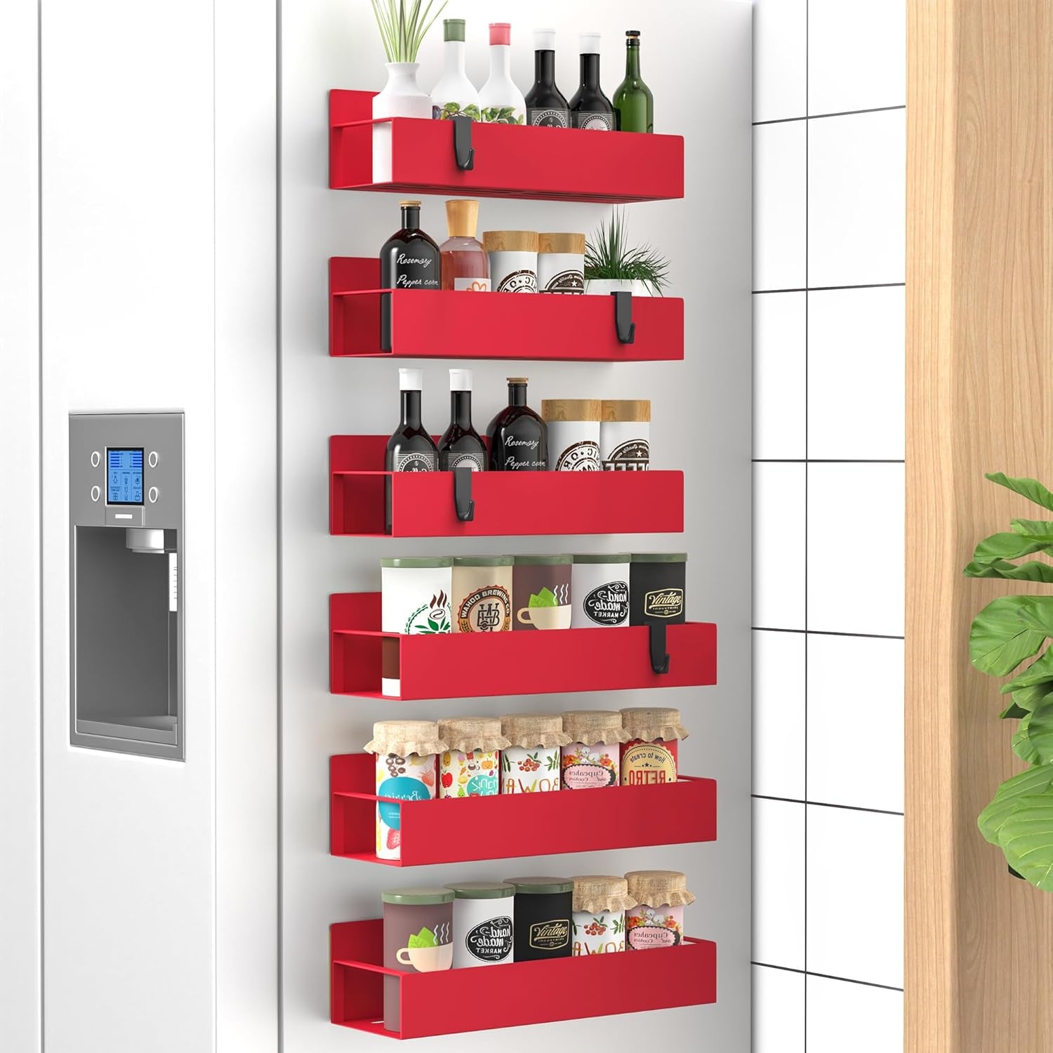 Huggiegems Metal 4 Pack Magnetic Spice Storage Rack Organizer for Refrigerator and Oven, Black Fridge Organizers and Storage, Metal