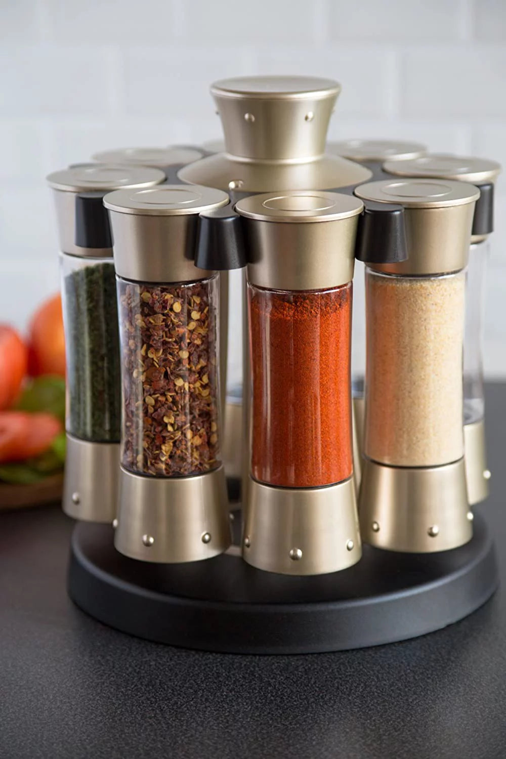 Kitchenart Elite Auto-Measure Spice Carousel - Professional 8 Jar Set in Elegant Silver Satin