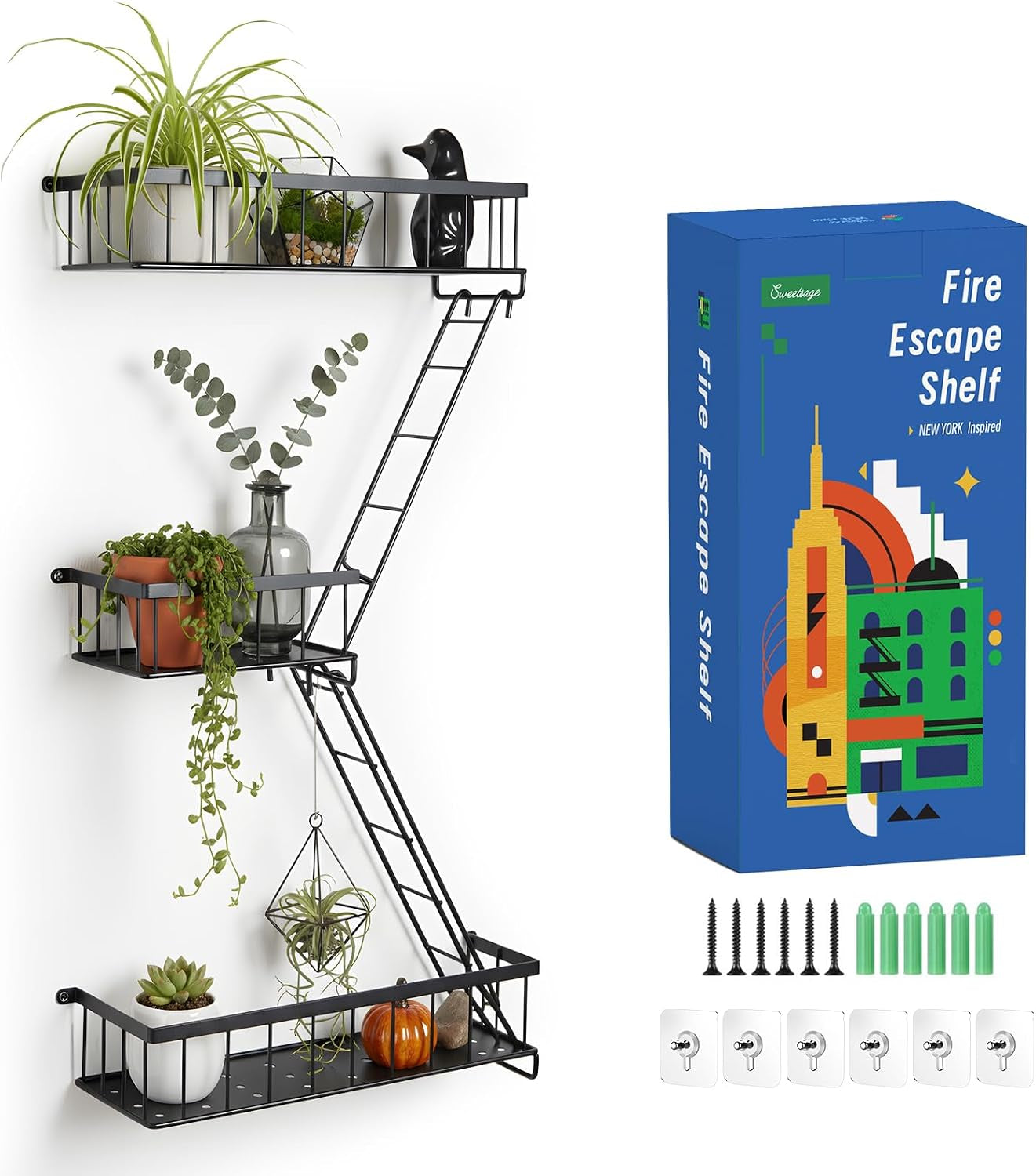 Fire escape wall shelf, front view mounted in a corner