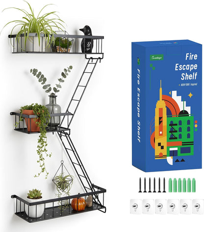 Fire escape wall shelf, front view mounted in a corner