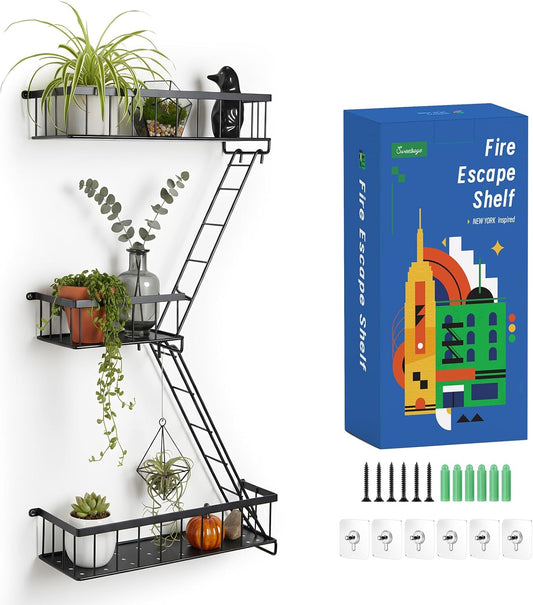 Fire escape wall shelf, front view mounted in a corner