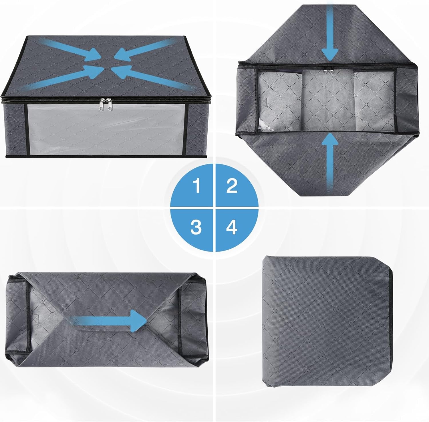 Homehacks Storage 3-Pack Clothes Organizer Storage Bags Foldable Storage Box with Large Clear Window Sturdy Handles for Closet, Dorm, Pillows, Bedding, Clothes, Blankets, 35L, Gray