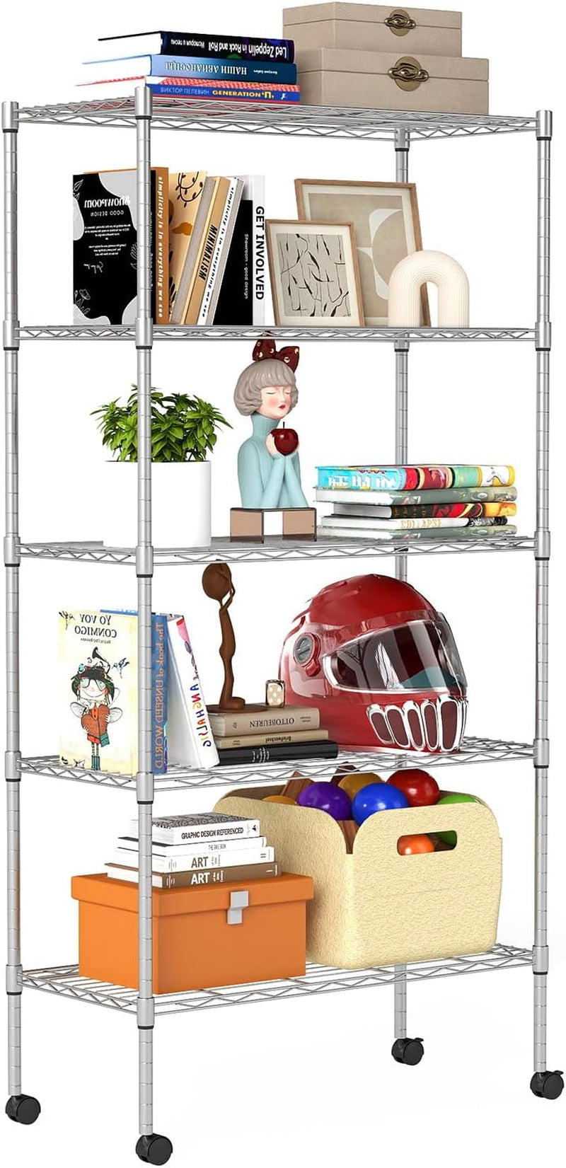 Bestoffice | 6-Tier Wire Storage Shelves with Wheels | 18X48X78 | Chrome | Adjustable Racks | Heavy-Duty Metal Shelf, Holds Upto 600 Lbs | No-Tool Assembly | Ideal for Home & Garage Shelving
