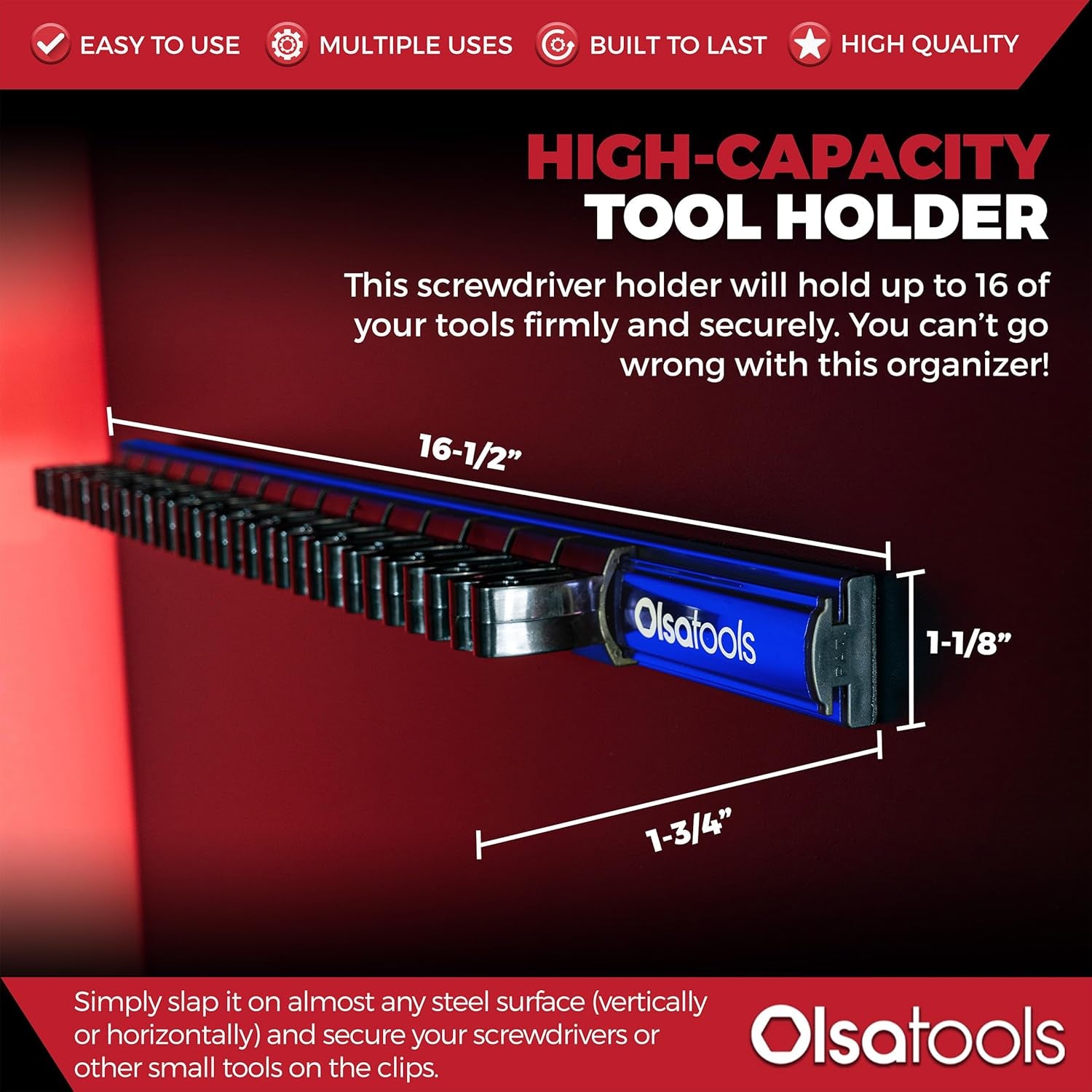 Olsa Tools Magnetic Screwdriver Organizer - Screwdriver Holder with Strong Magnets and Foam Backing - Professional Tool Holder and Tool Organizer - Stores up to 16 Screwdrivers - Blue - Part: 1114