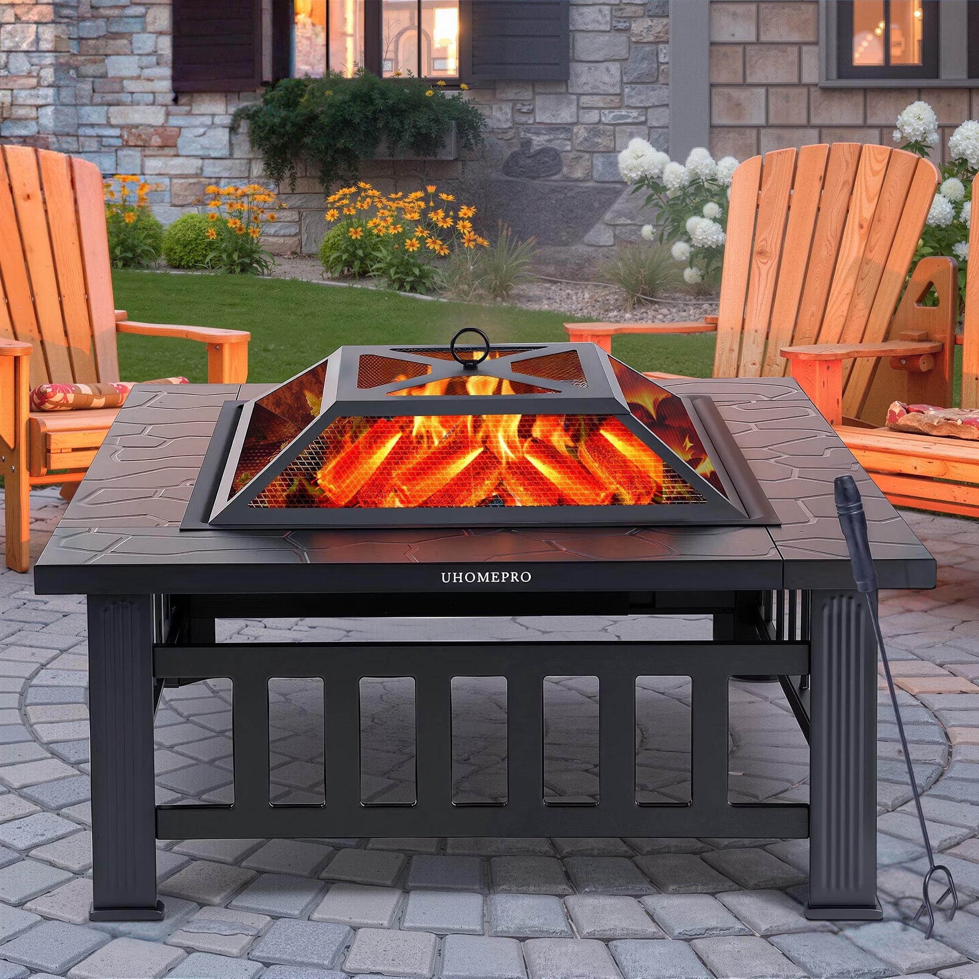 Fire Pits for Outside, 32" Wood Burning Fire Pit Tables with Screen Lid, Poker, BBQ Net, Food Clip and Cover, Backyard Patio Garden Outdoor Fire Pit/Bbq Fire Pit, Black