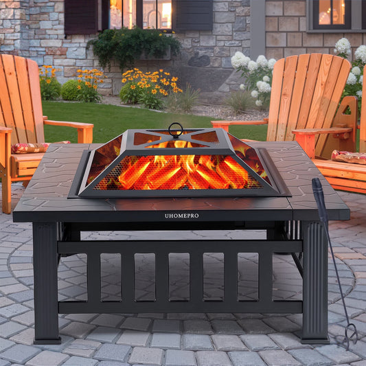 Fire Pits for Outside, 32" Wood Burning Fire Pit Tables with Screen Lid, Poker, BBQ Net, Food Clip and Cover, Backyard Patio Garden Outdoor Fire Pit/Bbq Fire Pit, Black