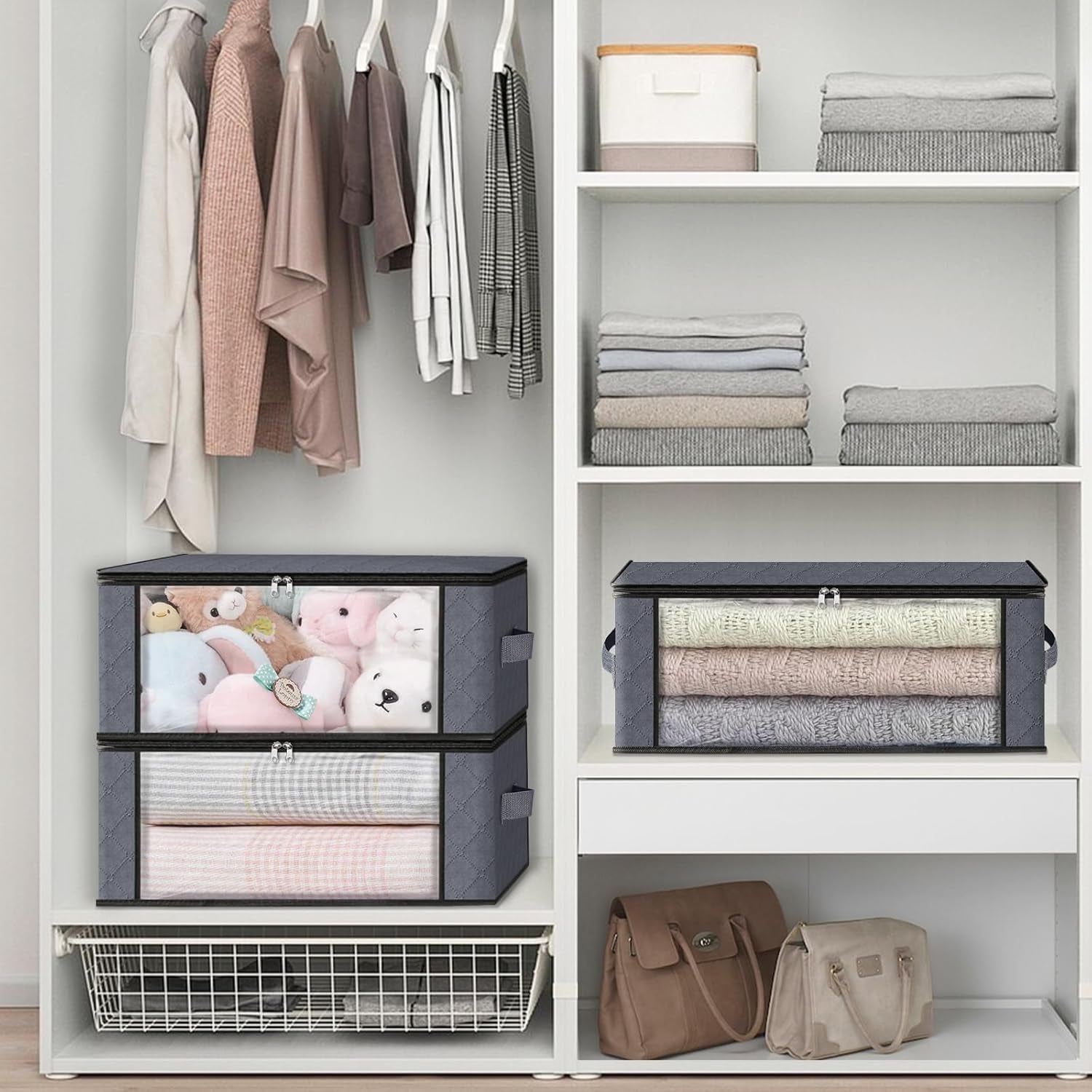 Homehacks Storage 3-Pack Clothes Organizer Storage Bags Foldable Storage Box with Large Clear Window Sturdy Handles for Closet, Dorm, Pillows, Bedding, Clothes, Blankets, 35L, Gray