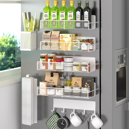 Magnetic spice rack shelf mounted vertically on a fridge door