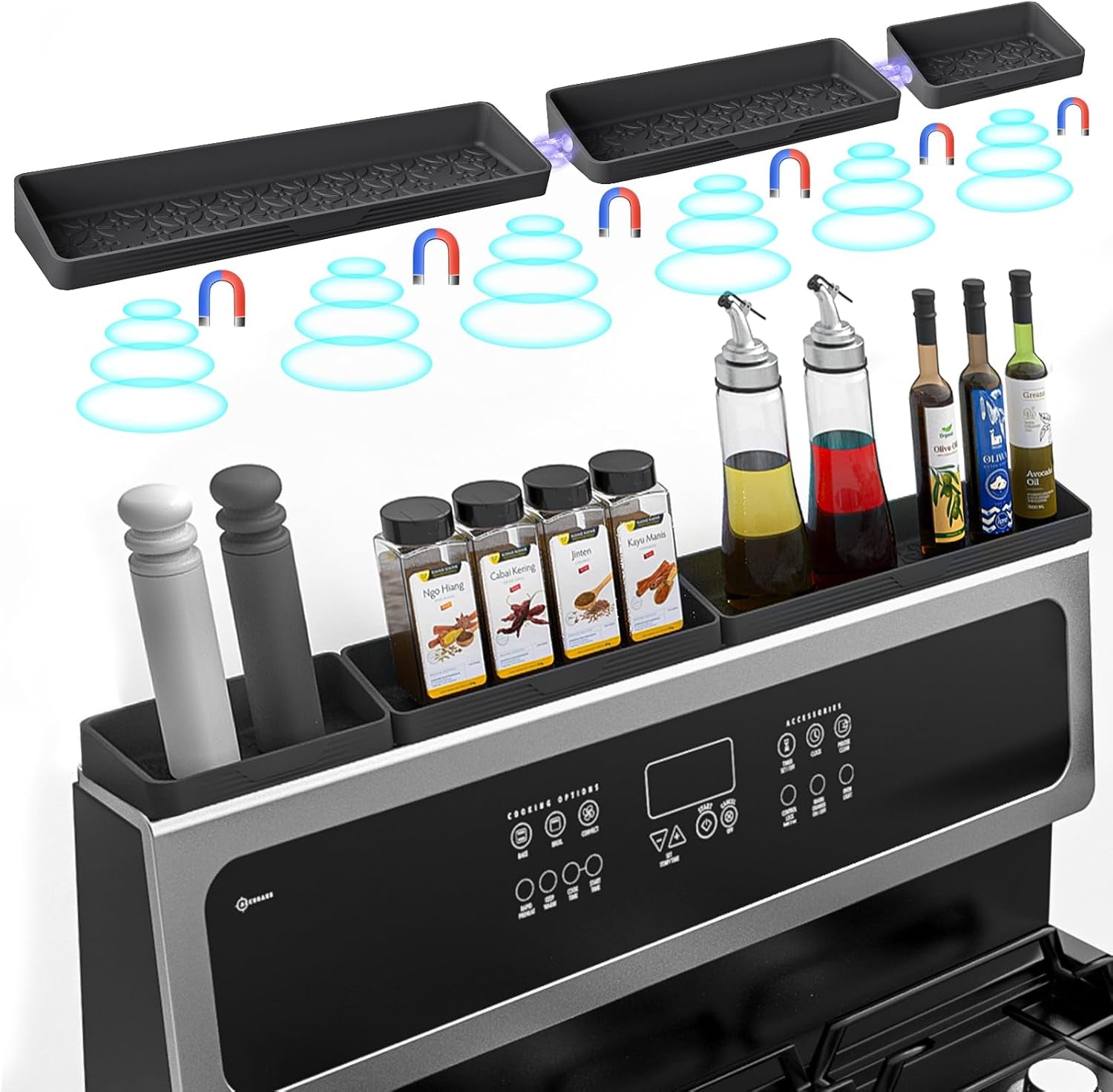 Foeacry 30 Inch Magnetic Stove Top Shelf - Heat Resistant Silicone over the Stove Shelf Spice Rack, No Drill Easy Clean Kitchen Storage Organizer for Small Kitchen, Fits Gas & Electric Stoves
