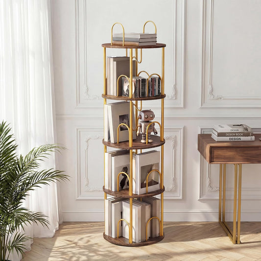 5 Tier Rotating Bookshelf, 360° Spinning Bookshelf Tower, Narrow Corner Book Shelf, Revolving Bookcase Corner Tall Book Shelf for Small Spaces, Bedroom, Living Room, Gold