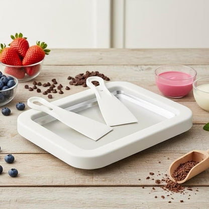 At-Home Rolled Ice Cream Maker - Magic Instant Freeze Pan for DIY Soft Serve & Frozen Yogurt. Easy-To-Use Ice Cream Rolling Tray with Spatulas. Ideal Summer Gift & Kitchen Activity for Kids (White)