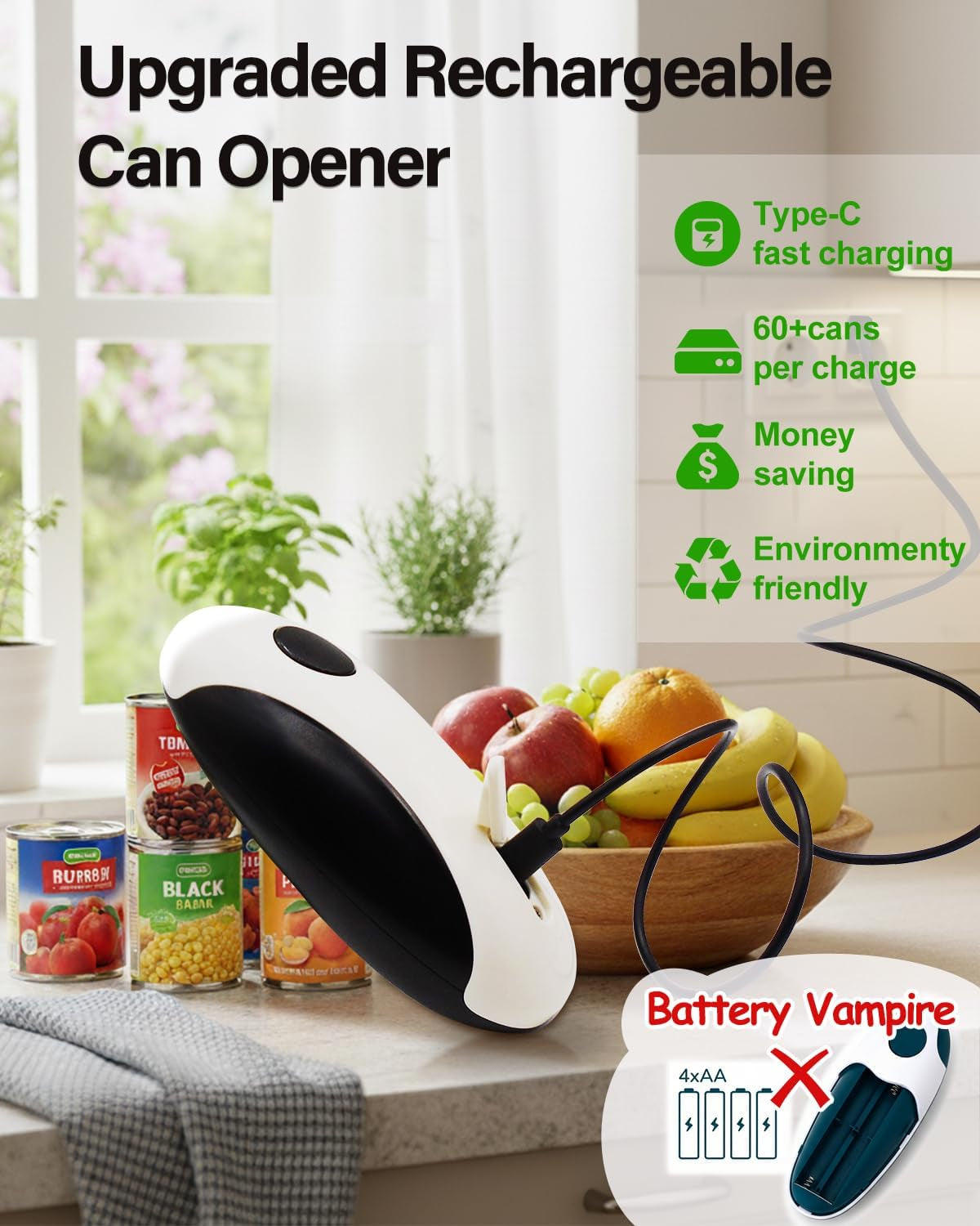 Rechargeable electric can opener opening a can, close-up