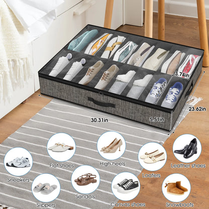 Acerichfad under Bed Shoe Storage Organizer, 2 Pack 32 Pairs Foldable under Bed Shoe Storage Organizer, Black