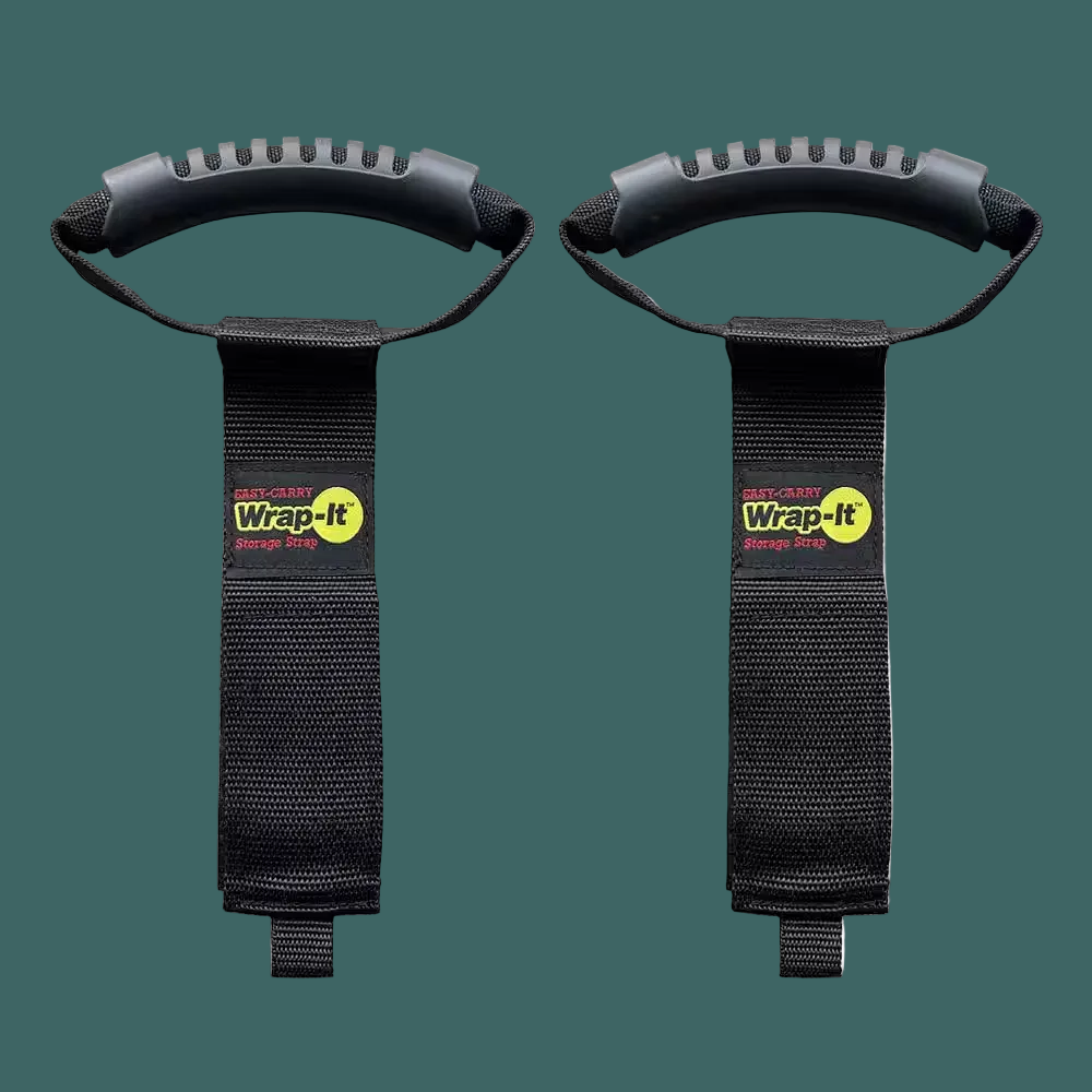 Two black straps with branding on a teal  background
