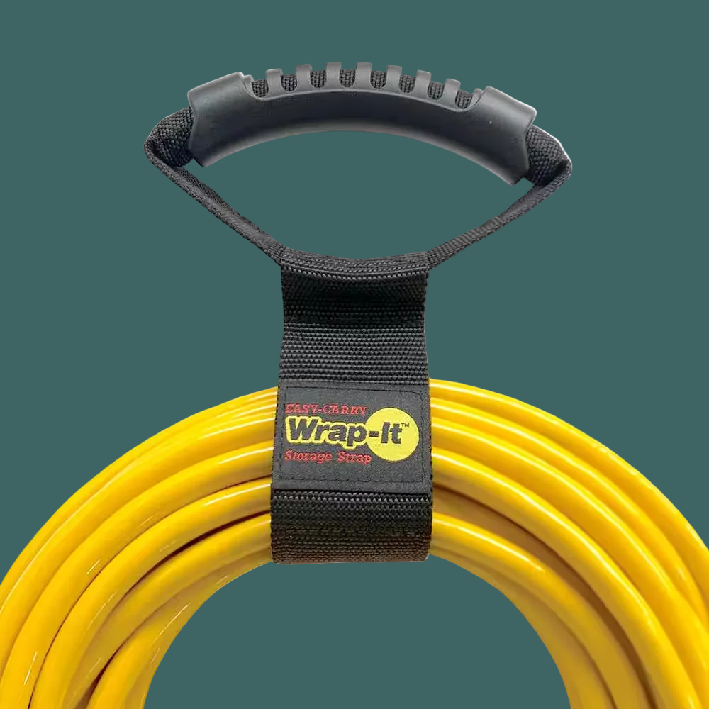 Yellow coiled cable with a black storage strap  on a teal background