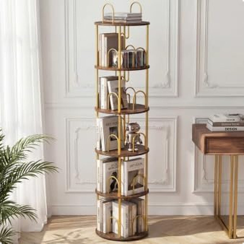 5 Tier Rotating Bookshelf, 360° Spinning Bookshelf Tower, Narrow Corner Book Shelf, Revolving Bookcase Corner Tall Book Shelf for Small Spaces, Bedroom, Living Room, Gold