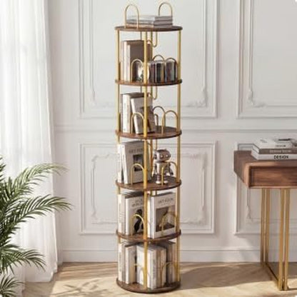 5 Tier Rotating Bookshelf, 360° Spinning Bookshelf Tower, Narrow Corner Book Shelf, Revolving Bookcase Corner Tall Book Shelf for Small Spaces, Bedroom, Living Room, Gold