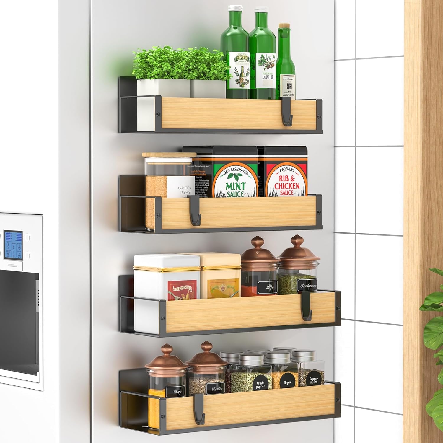 Huggiegems Metal 4 Pack Magnetic Spice Storage Rack Organizer for Refrigerator and Oven, Black Fridge Organizers and Storage, Metal
